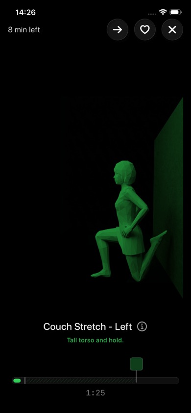 Exercise session with 3D guide showing couch stretch