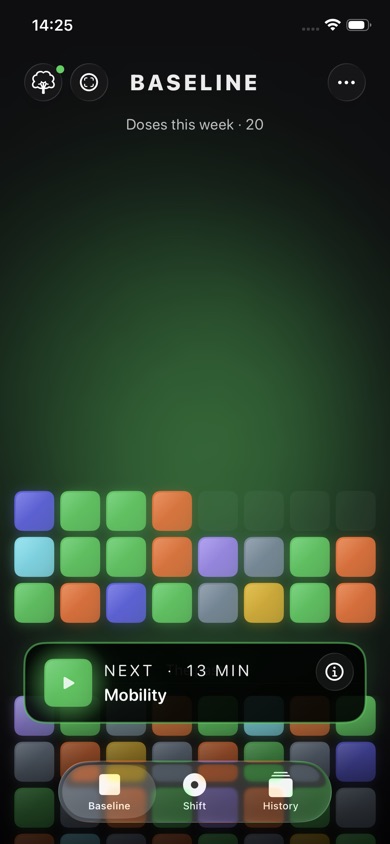 Baseline home screen with block grid and start button